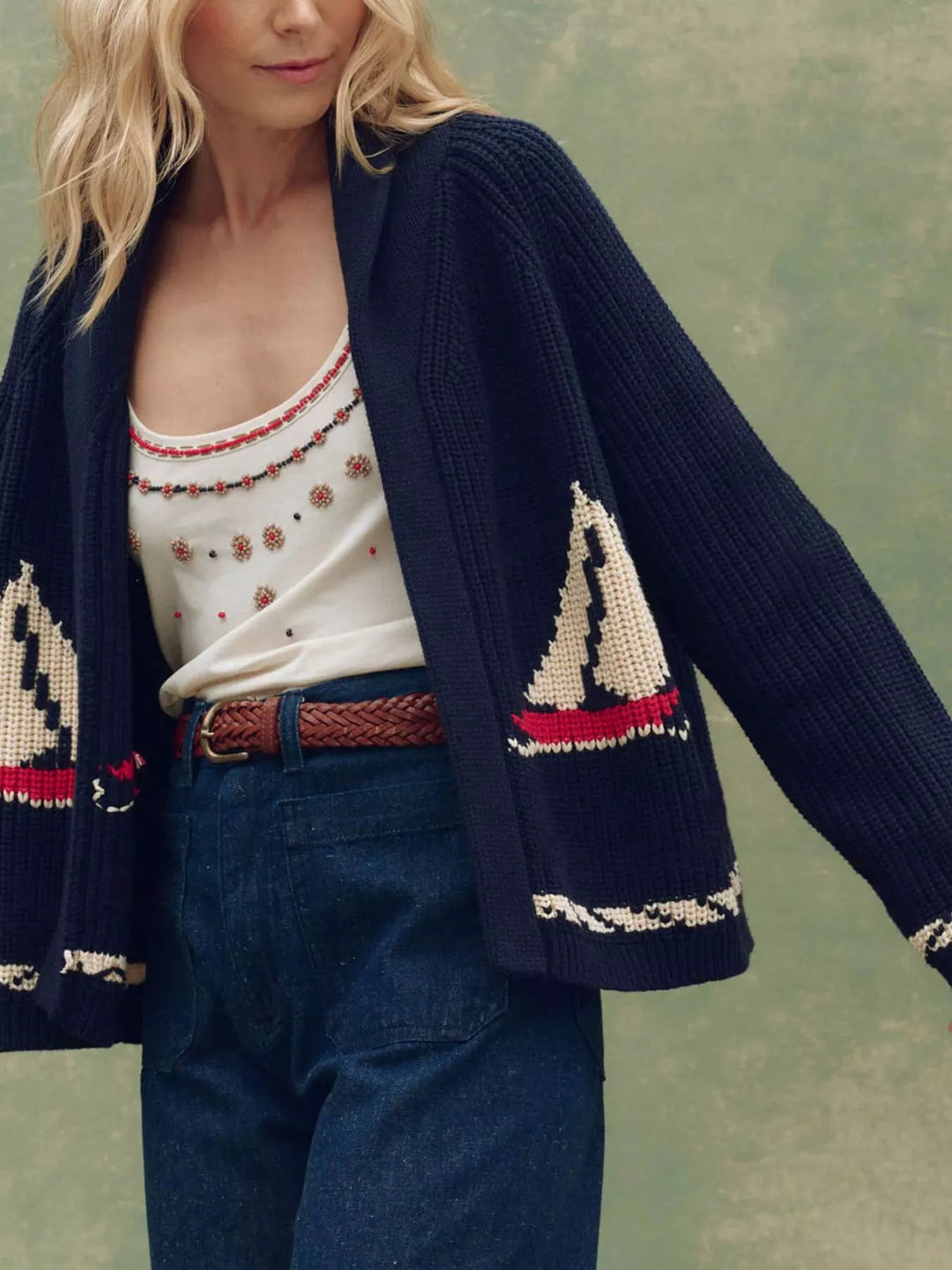 Women's cardigan in navy, chunky knit shawl collar open front with sailboat design