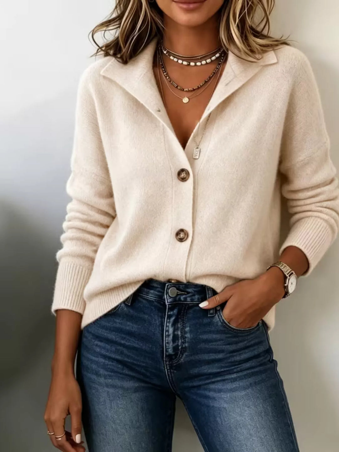 Cream button front knit cardigan with long sleeves, relaxed standing pose