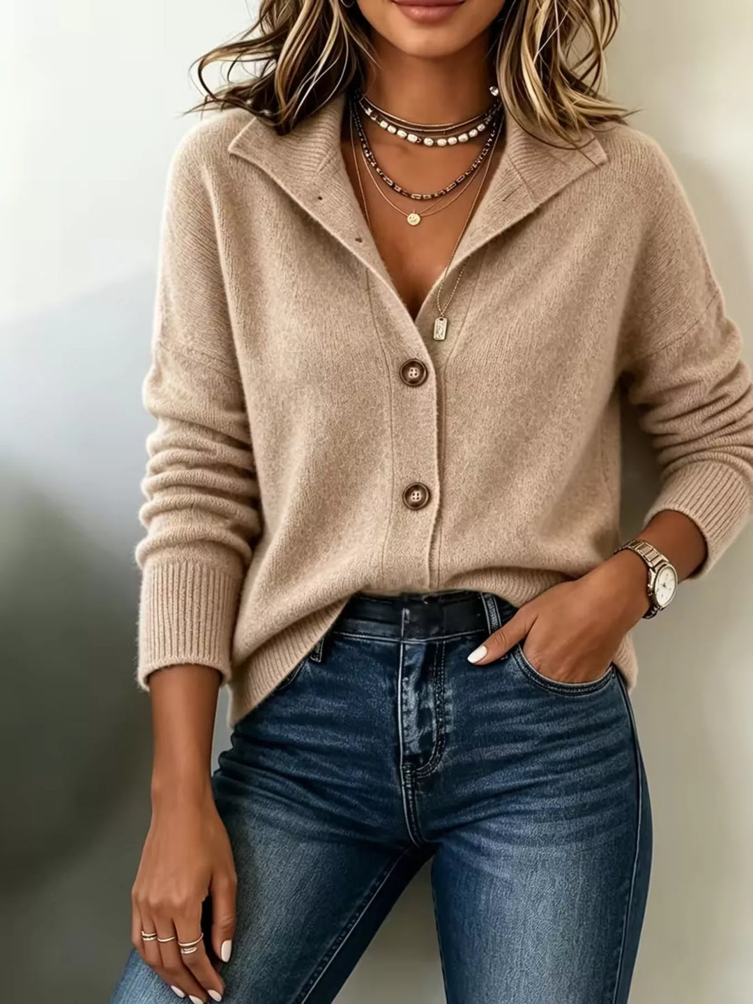 Tan button front knit cardigan worn with hand in pocket