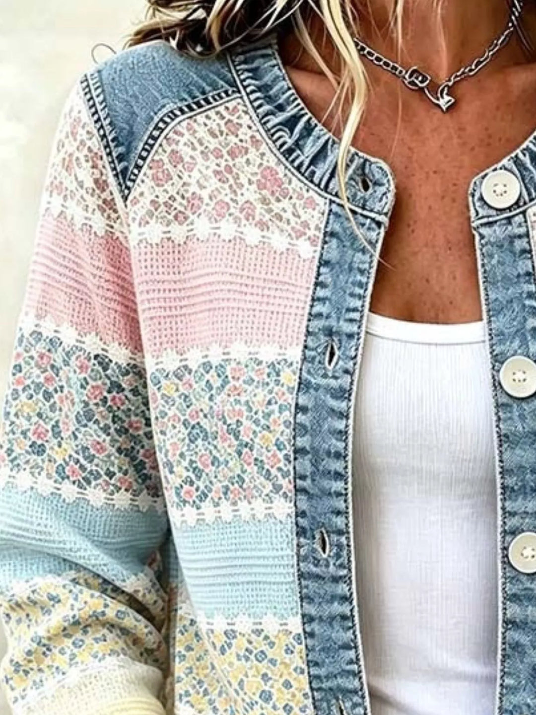 Close-up of the floral stripe cardigan neckline and denim collar trim