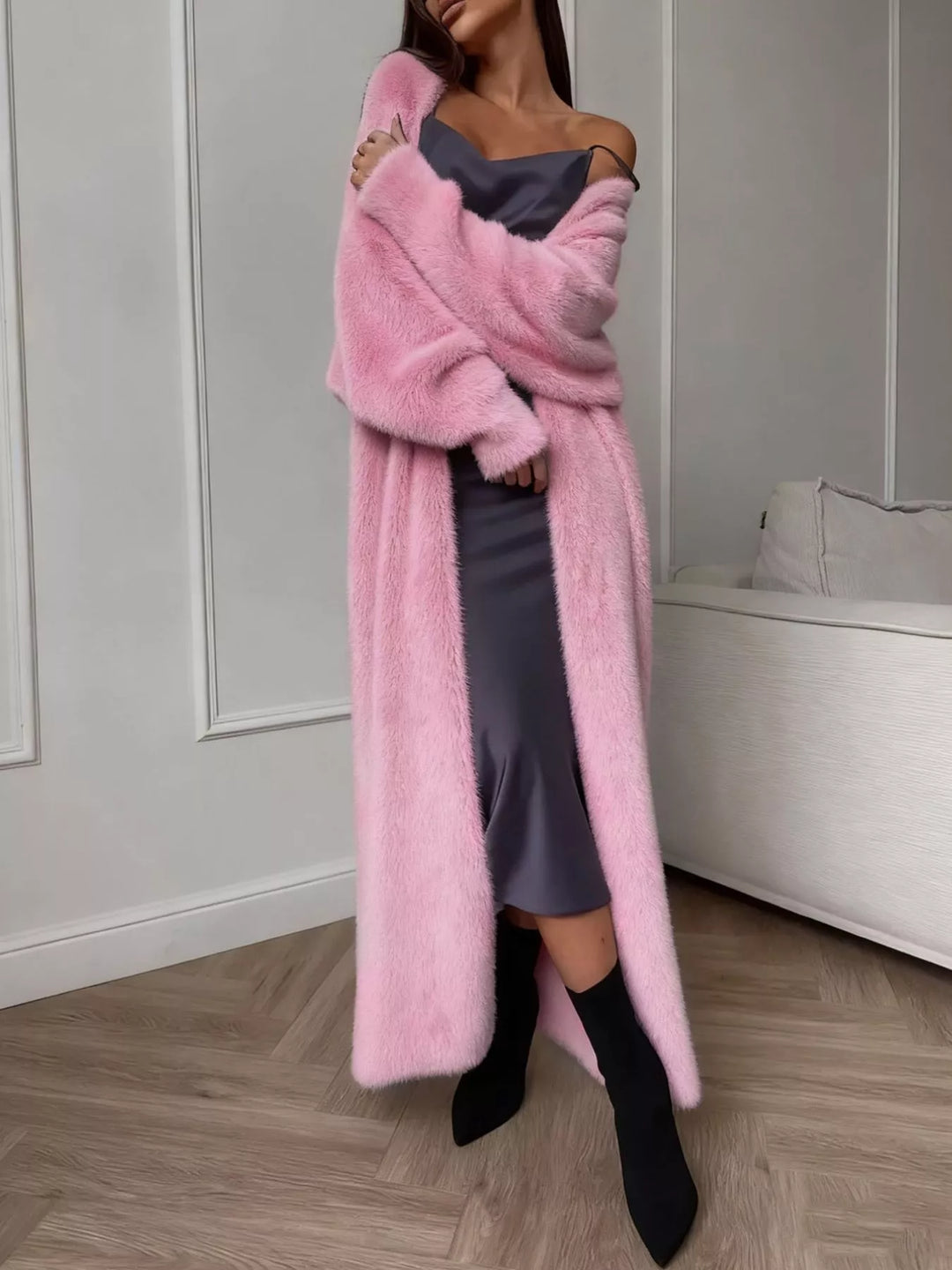 Pink fuzzy longline open front cardigan full length with black ankle boots