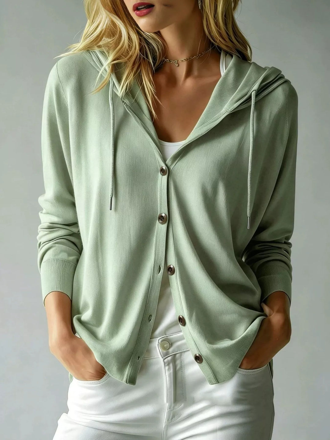 Women's sage green hooded cardigan with button front and V neck, hands in pockets