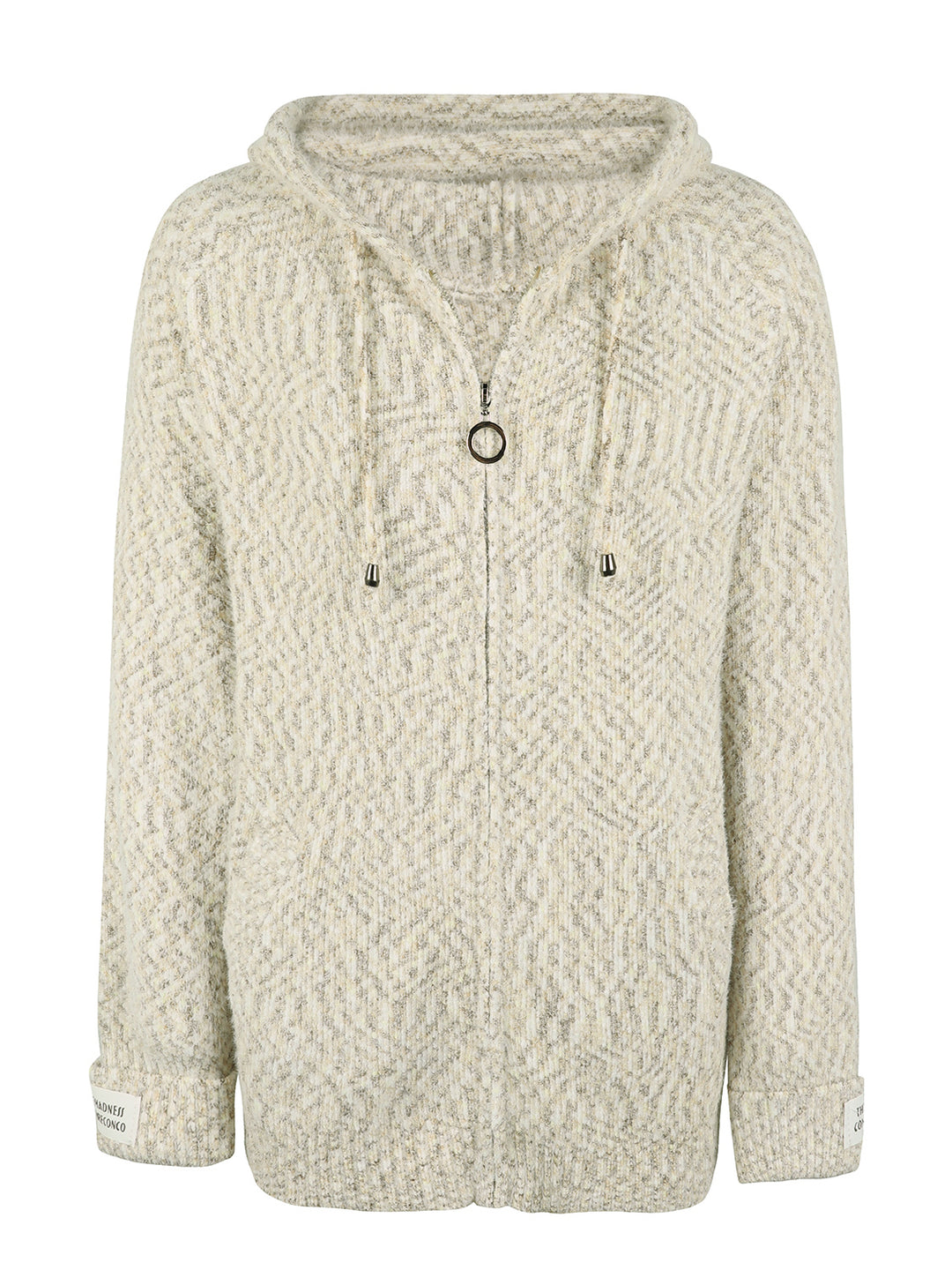 Beige zip front hooded cardigan laid flat with ring zipper pull