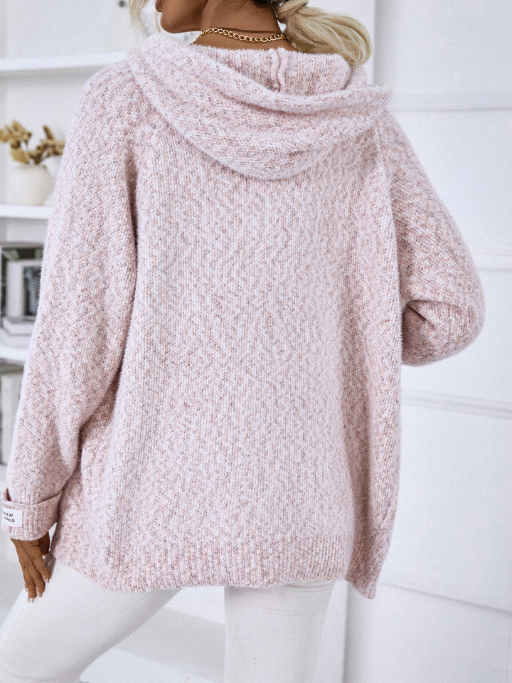 Back view of the blush pink hooded cardigan with relaxed fit