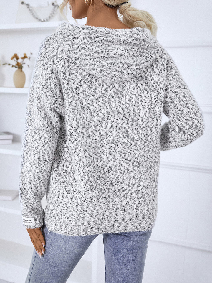Back view of heather gray hooded cardigan with speckled knit