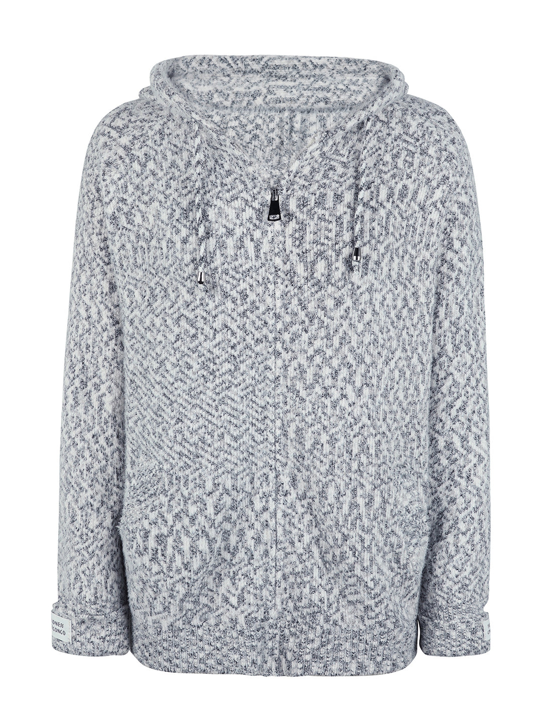 Heather gray hooded cardigan laid flat with drawstring and ring pull