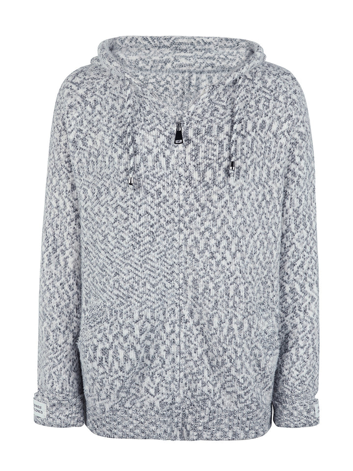 Heather gray hooded cardigan laid flat with drawstring and ring pull