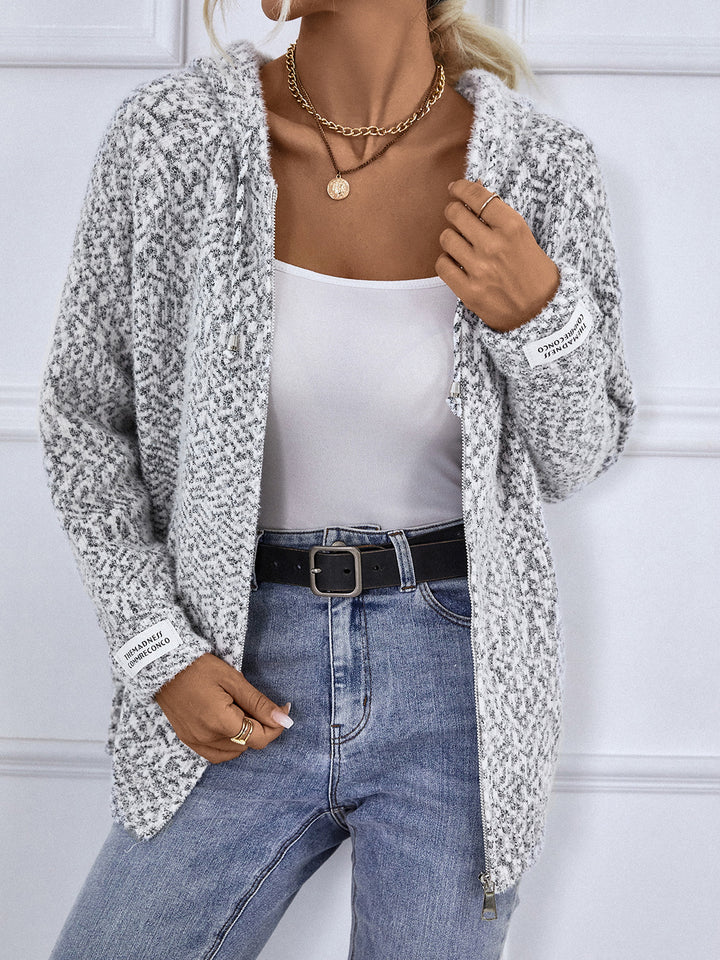Women's cardigan in heather gray, hooded zip front speckled marl knit