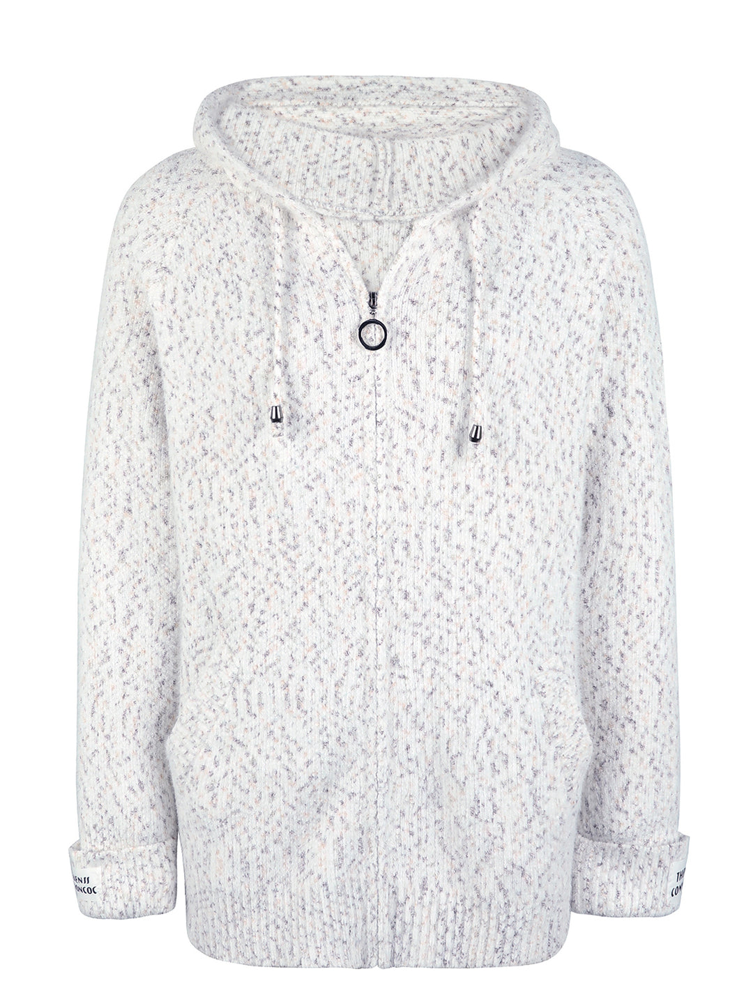 White hooded zip cardigan laid flat showing drawstring and cuffs