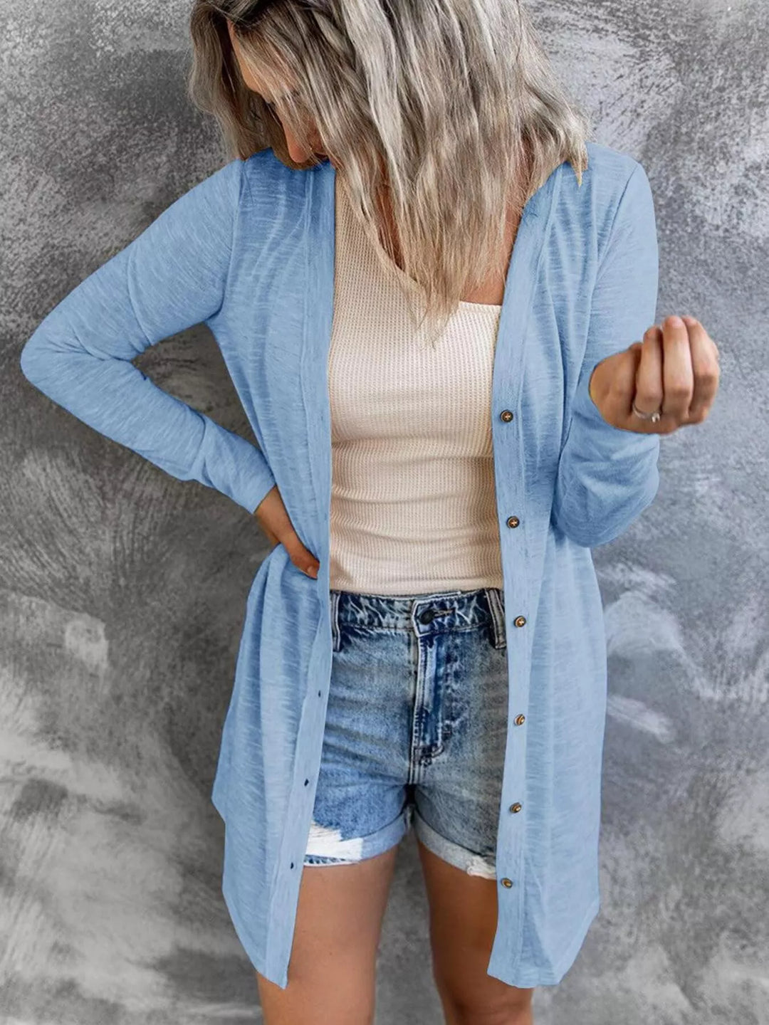 Lightweight longline cardigan in sky blue with a relaxed open front and shorts