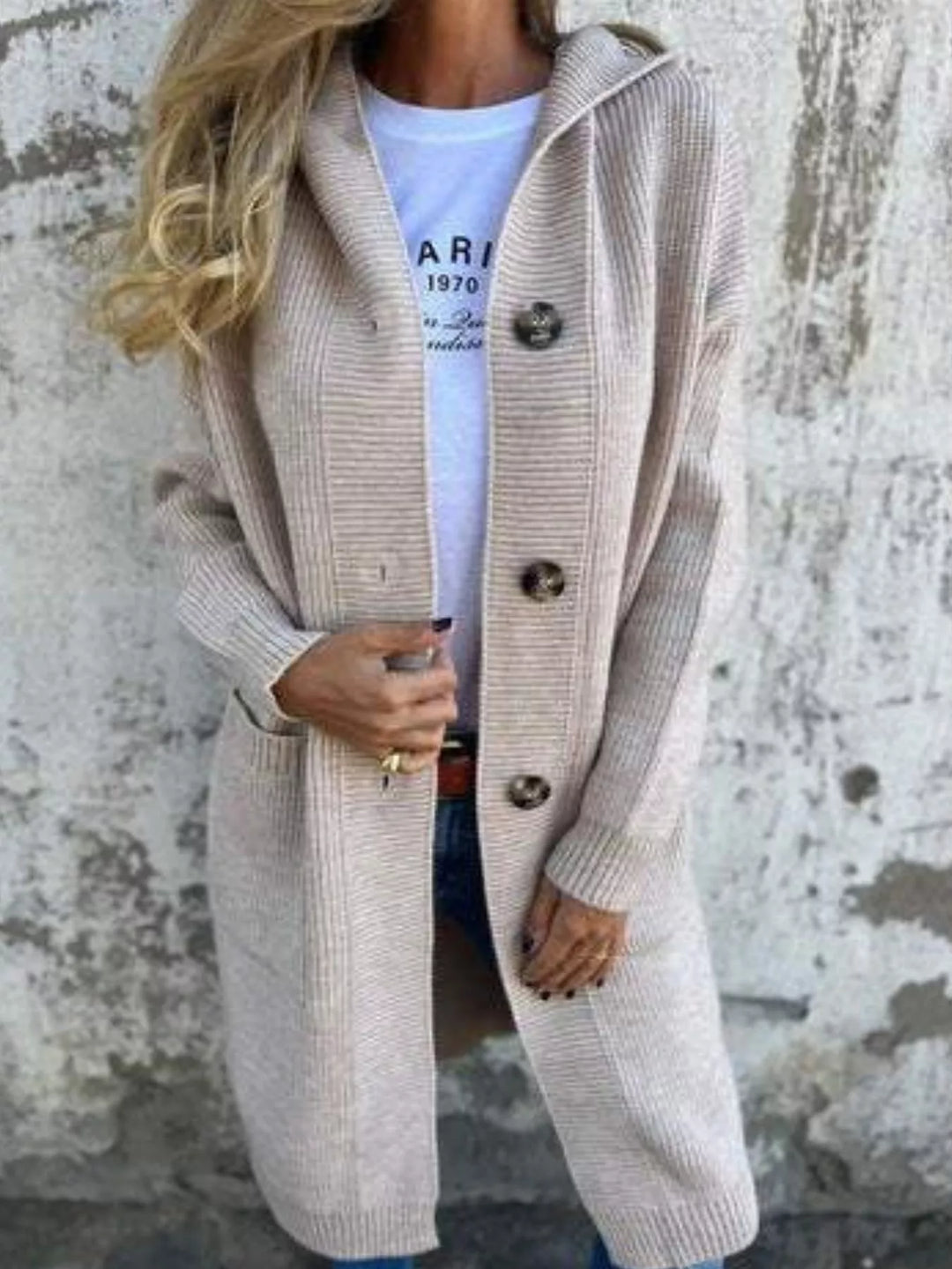 Full length view of the oatmeal hooded cardigan with front pockets