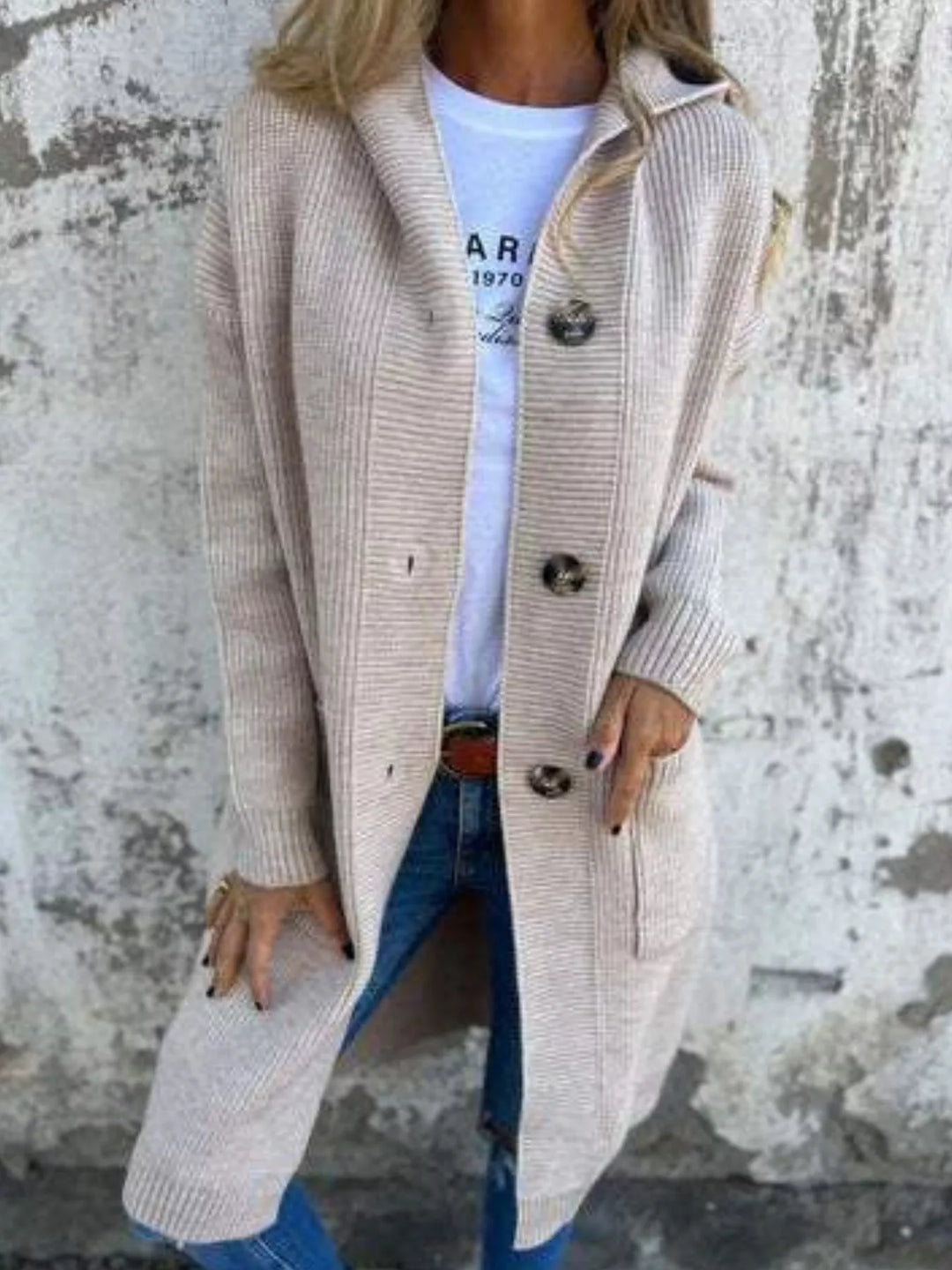 Women's cardigan in oatmeal, long hooded button front chunky knit worn with jeans