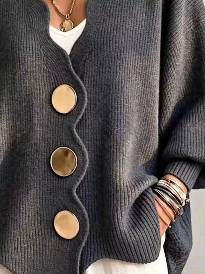 Charcoal cardigan button front and scalloped hem, hand in pocket detail