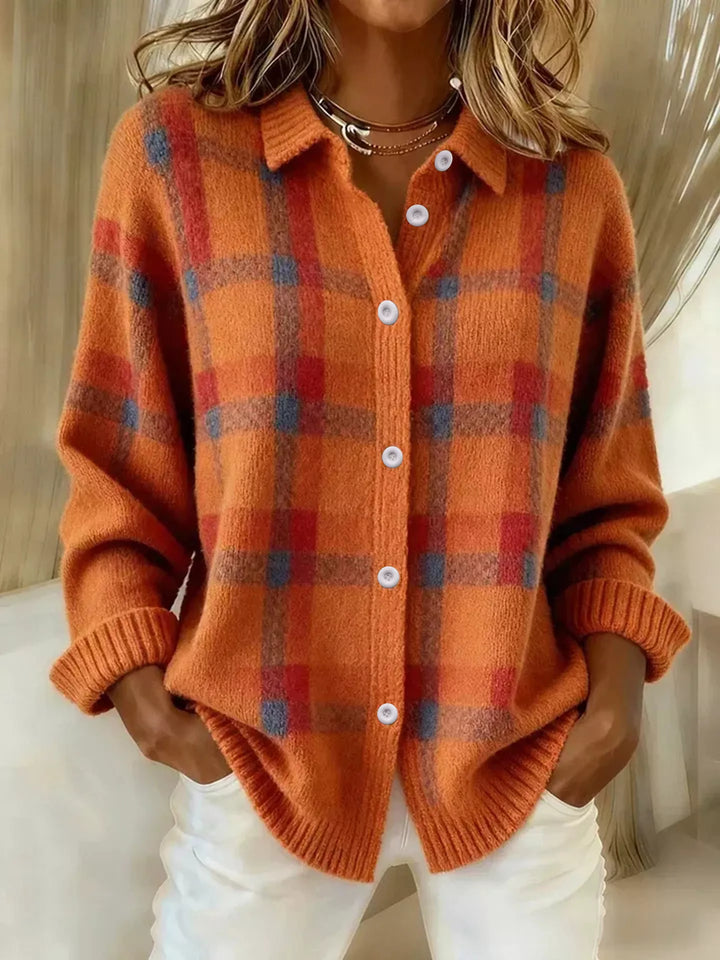 Women's cardigan in orange, plaid button up with collar and ribbed cuffs, front view