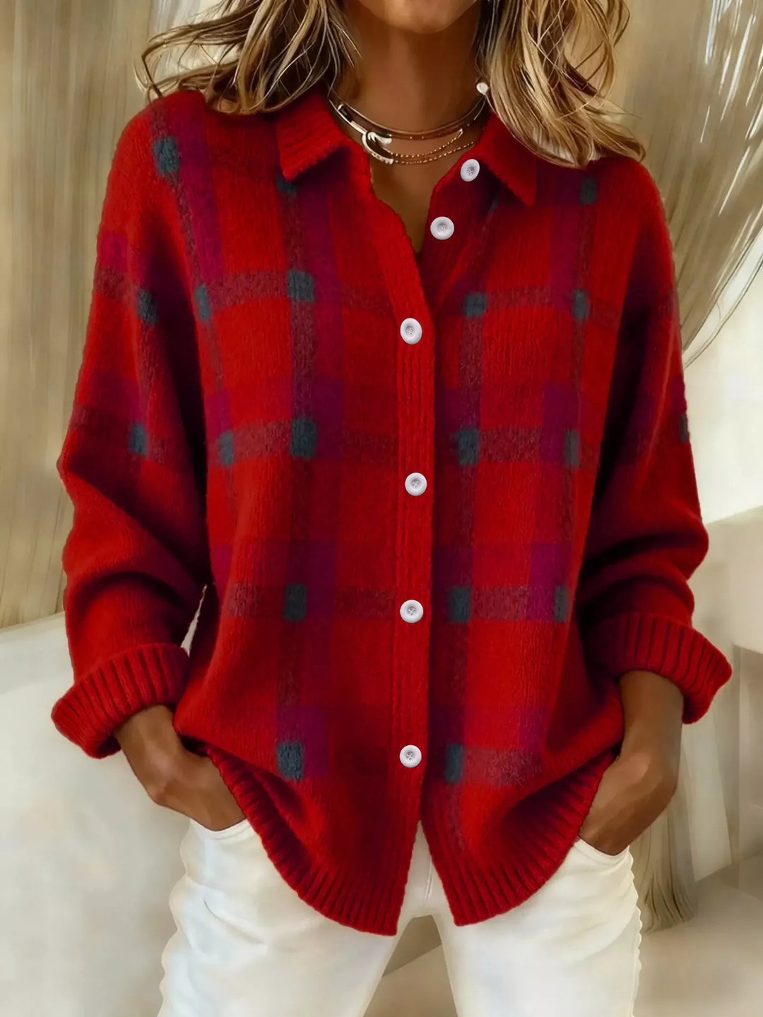 Red plaid button up cardigan with ribbed cuffs, front view