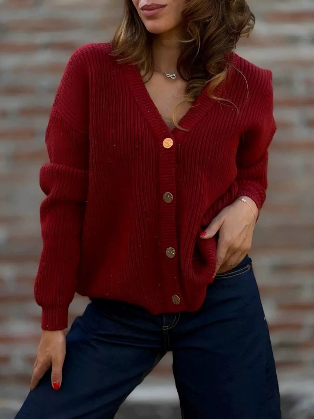 Burgundy ribbed V neck button up cardigan, front view