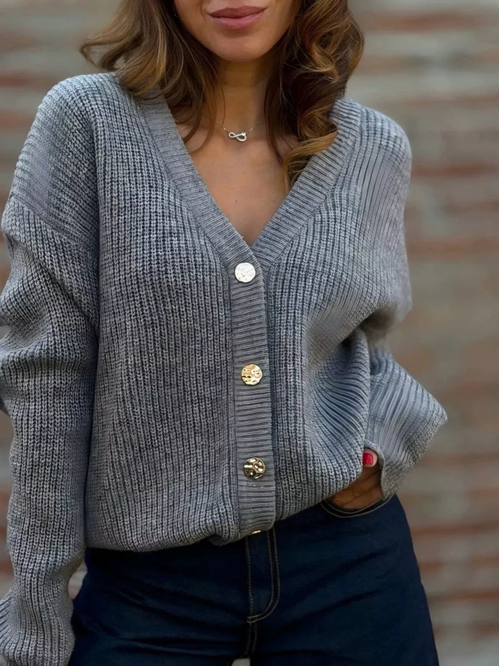 Women's cardigan in gray, ribbed knit V neck button up