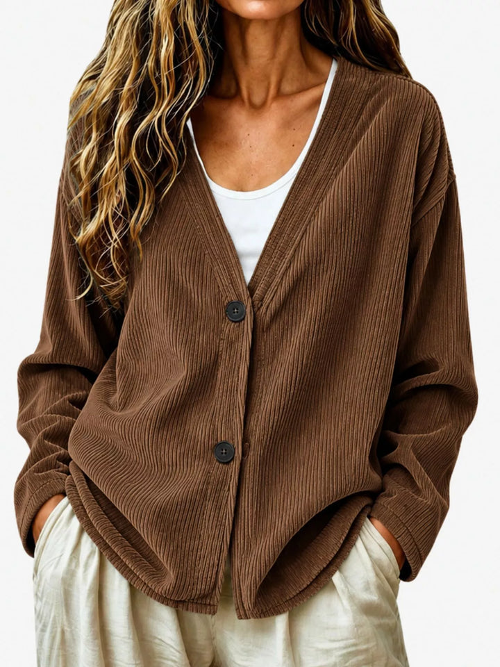 Corduroy-look ribbed v-neck button up in brown, front view