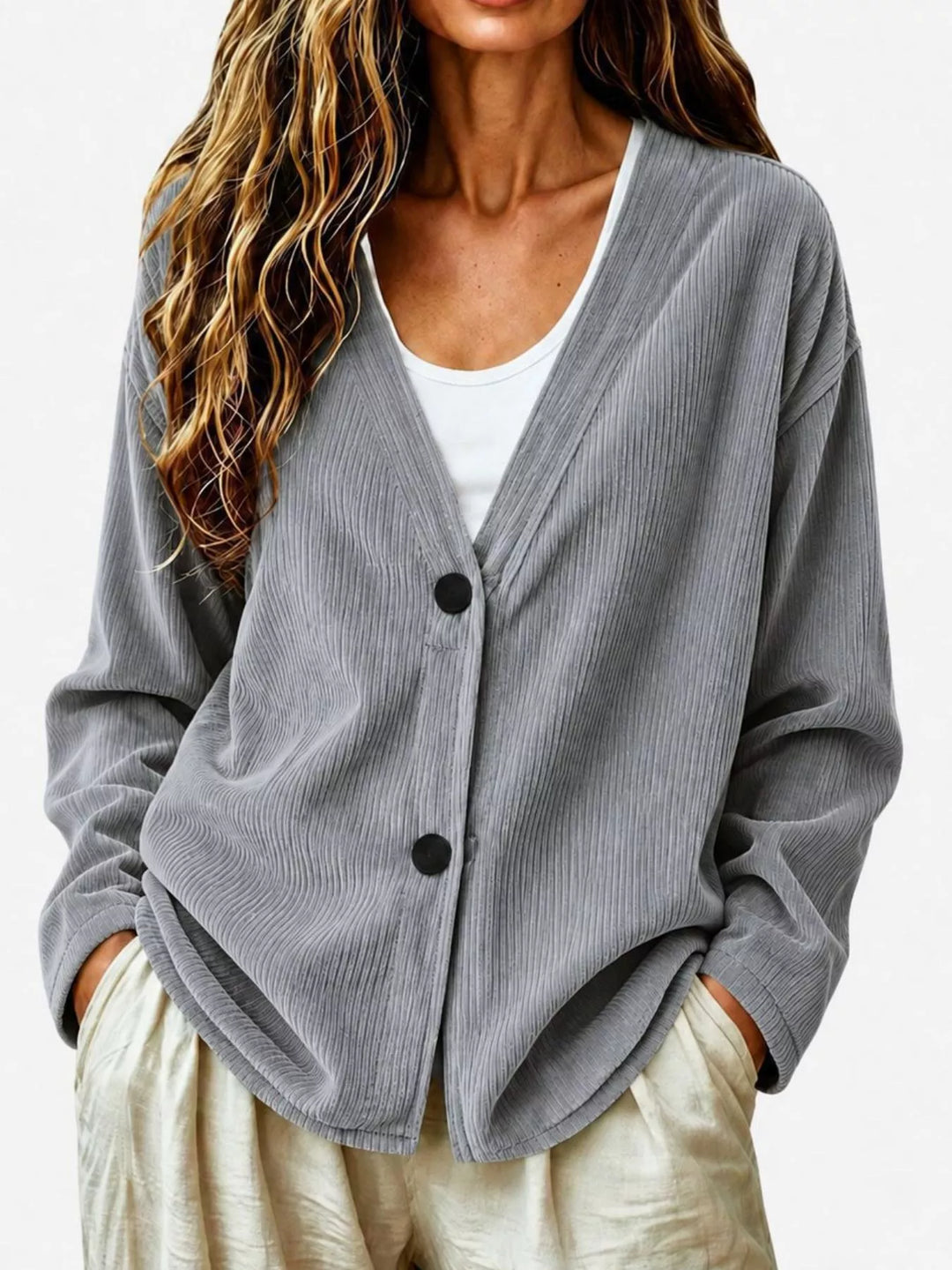 Corduroy-look ribbed v-neck button up in gray, front view