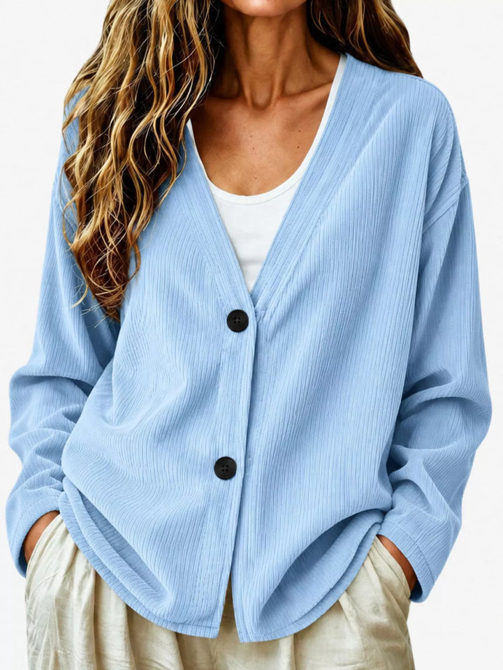 Corduroy-look ribbed v-neck button up in light blue, front view