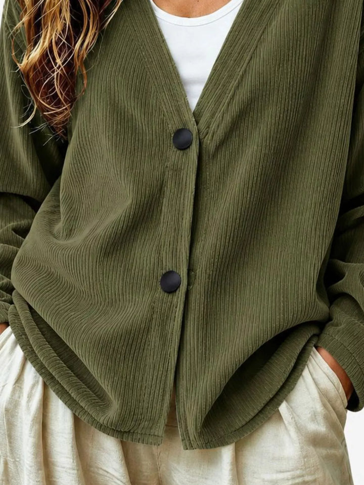 Corduroy-look ribbed v-neck button up in olive brown, close-up detail
