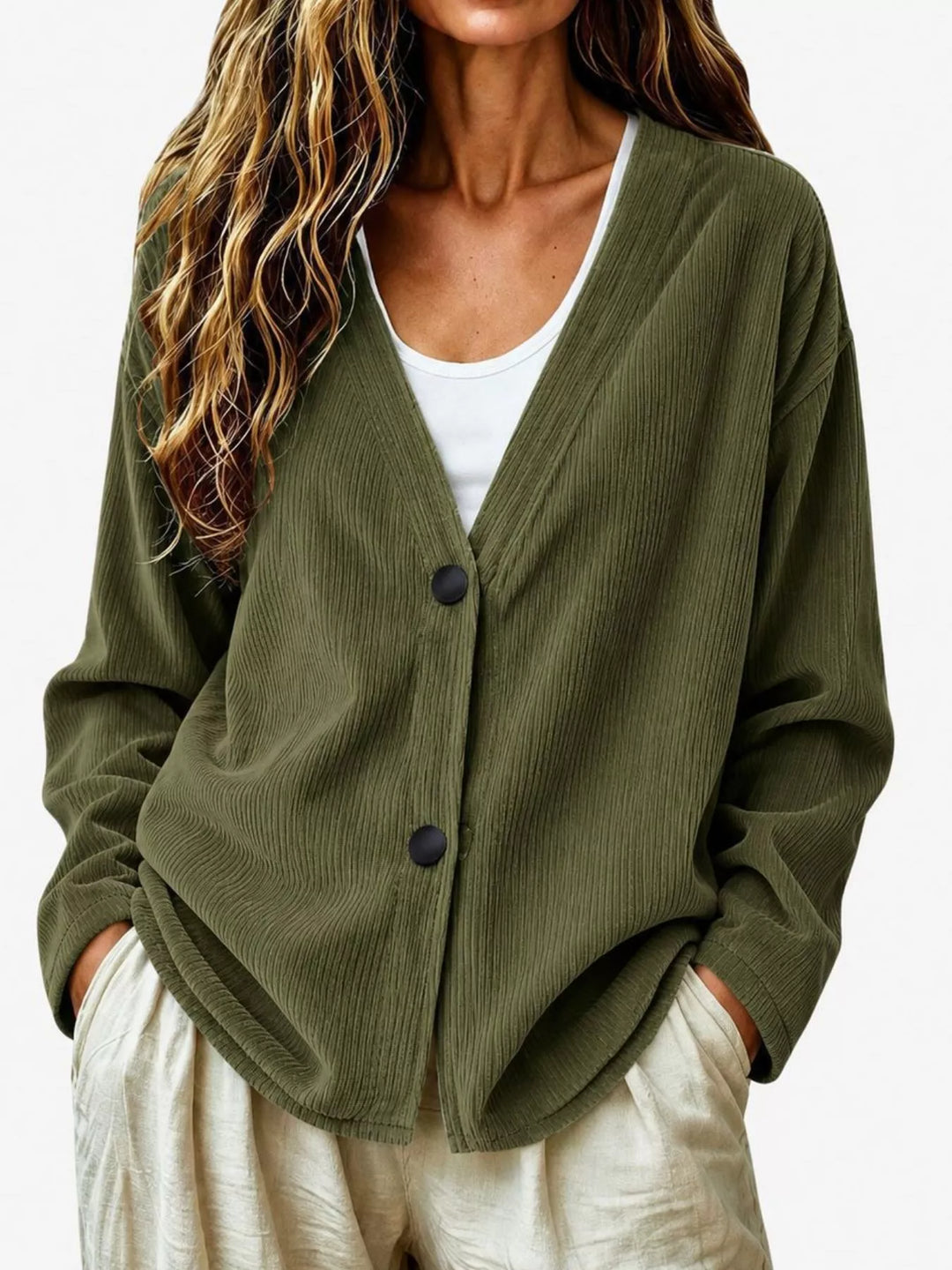 Corduroy-look ribbed v-neck button up in olive brown, front view