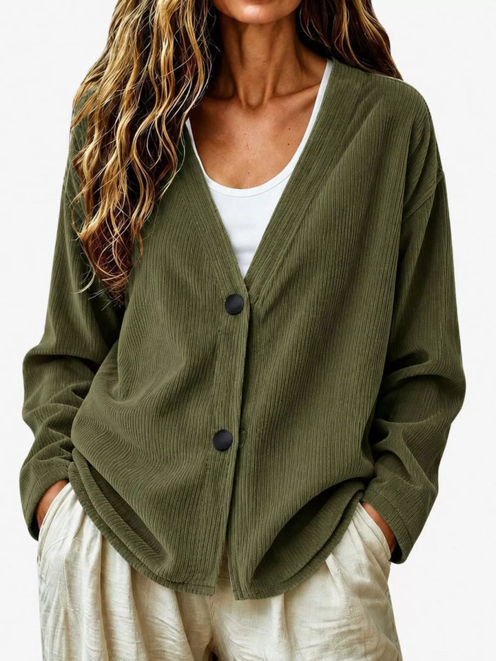 Corduroy-look ribbed v-neck button up in olive brown, front view