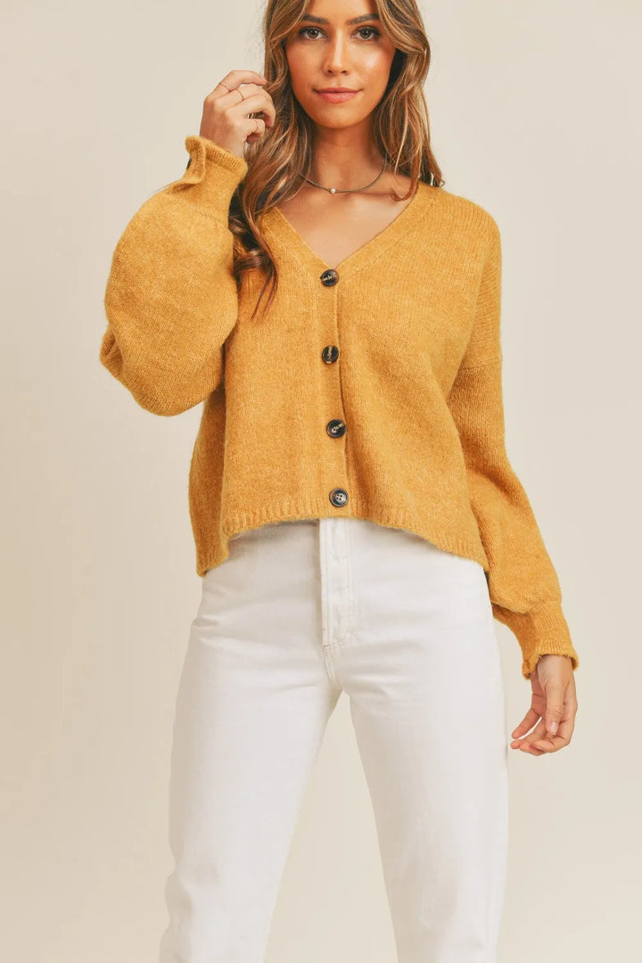 Women's cardigan sweater in mustard, cropped v-neck balloon sleeve