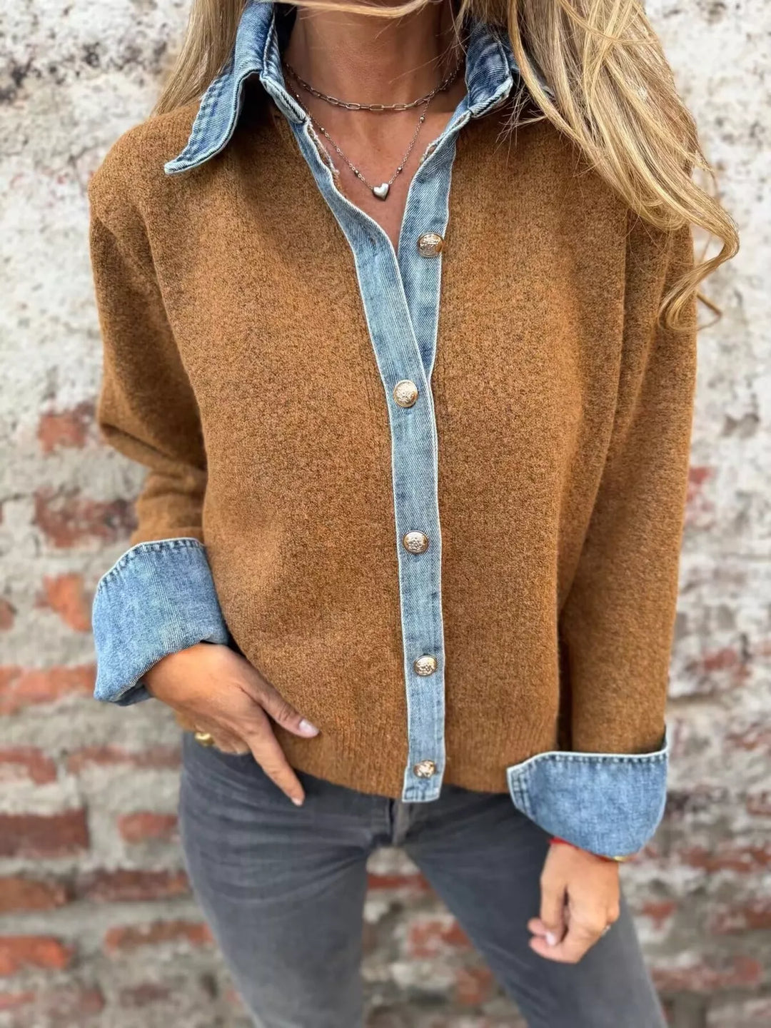 Women's cardigan sweater in caramel, denim-look collar placket cuffs