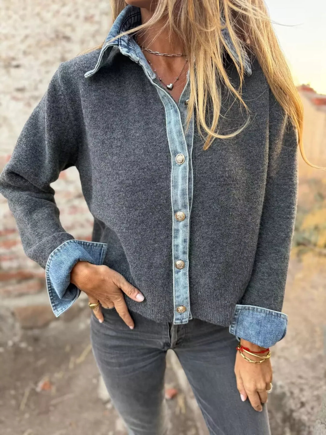 Denim-look collar placket cuffs in grey, front view