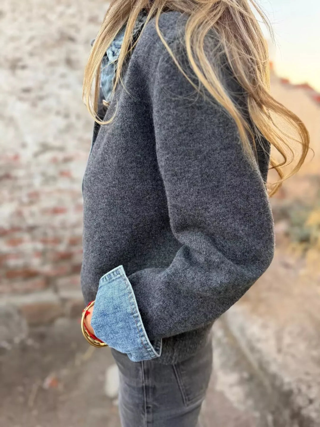 Denim-look collar placket cuffs in grey, styled on model