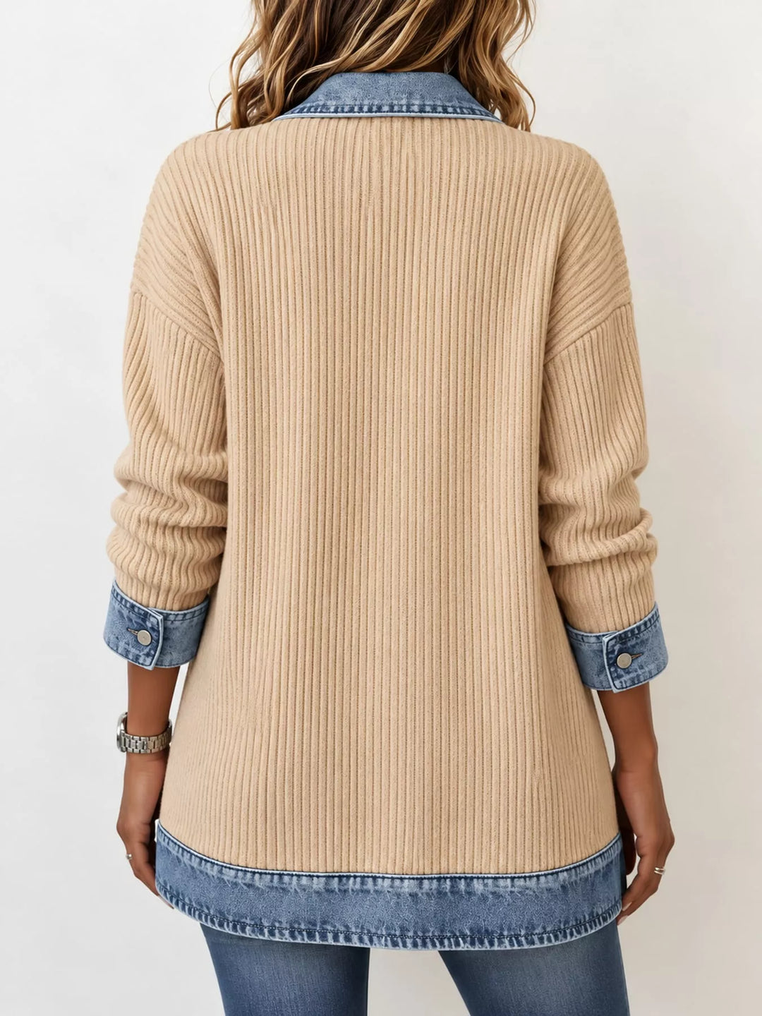Denim-look lapel ribbed knit in apricot, back view