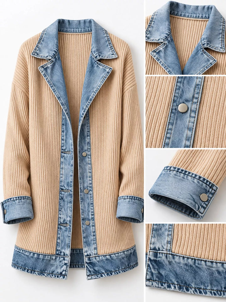 Denim-look lapel ribbed knit in apricot, close-up detail