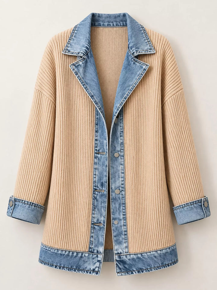 Denim-look lapel ribbed knit in apricot, flat lay