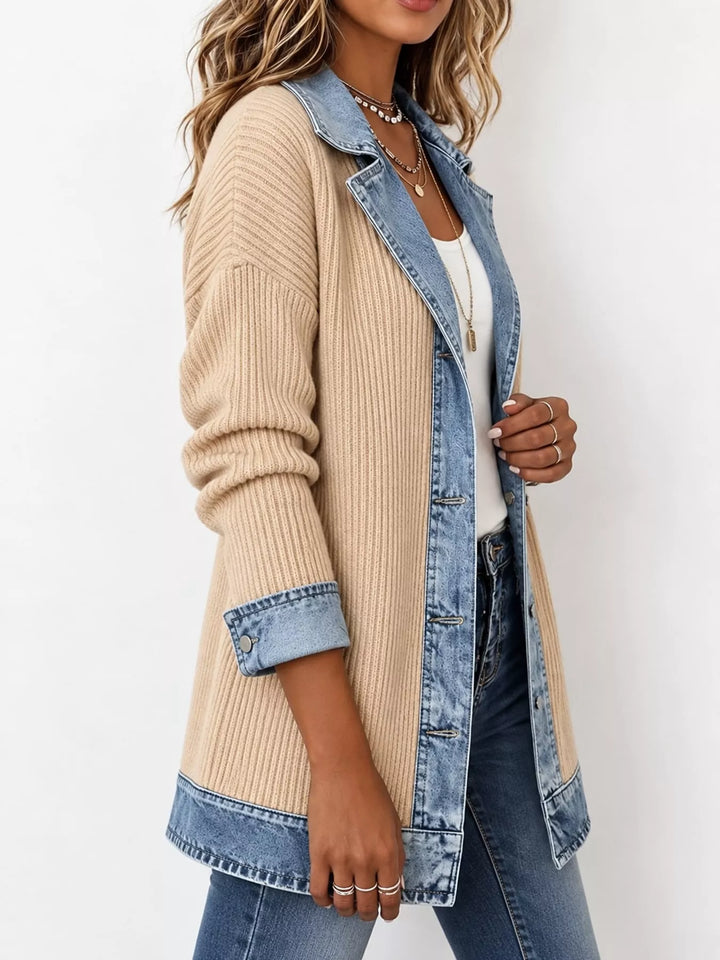 Denim-look lapel ribbed knit in apricot, styled on model
