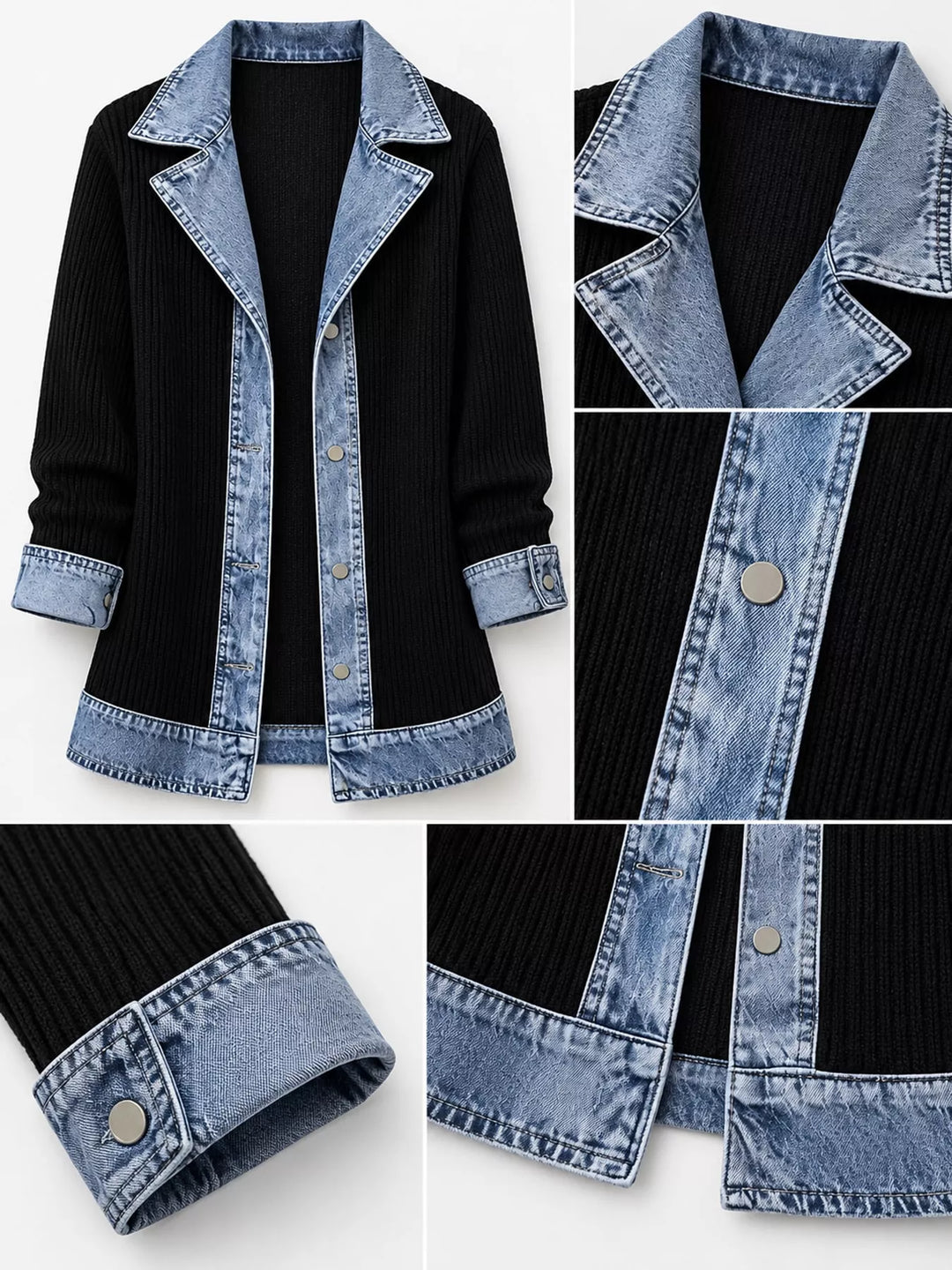 Denim-look lapel ribbed knit in black, close-up detail