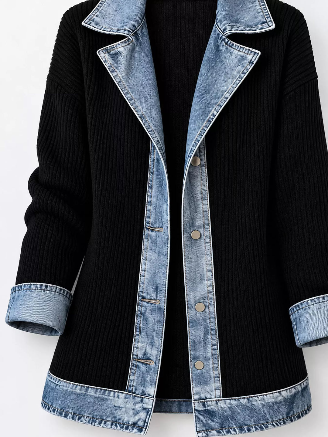Denim-look lapel ribbed knit in black, flat lay 2