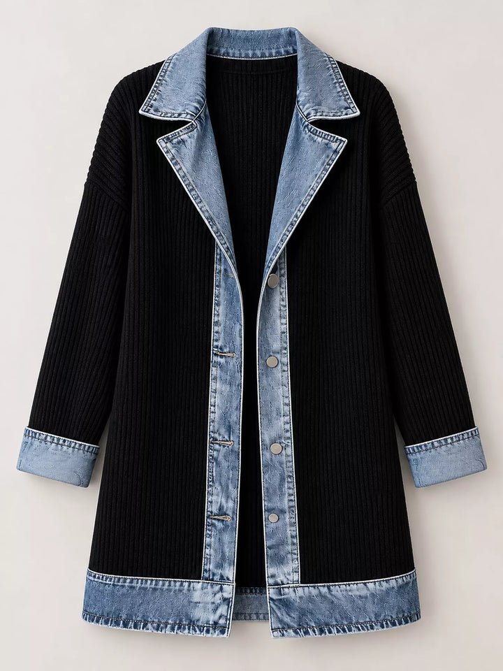 Denim-look lapel ribbed knit in black, flat lay