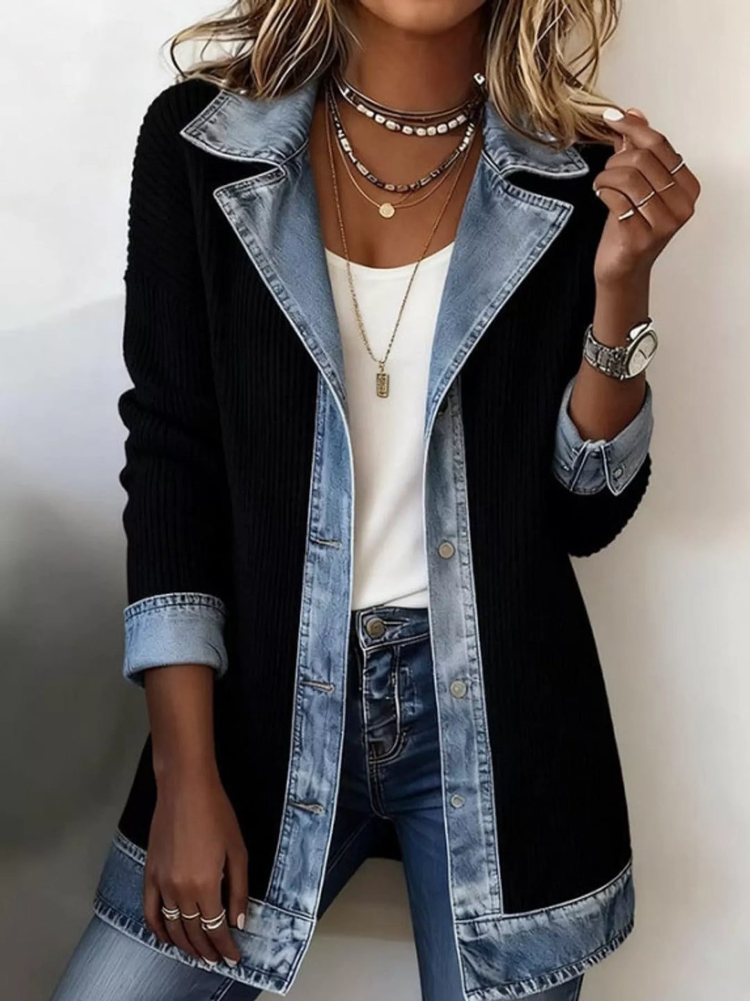 Women's cardigan sweater in black, denim-look lapel ribbed knit