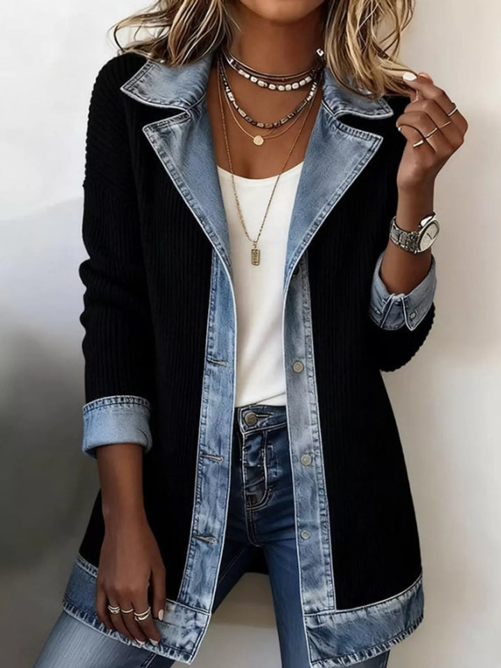 Women's cardigan sweater in black, denim-look lapel ribbed knit