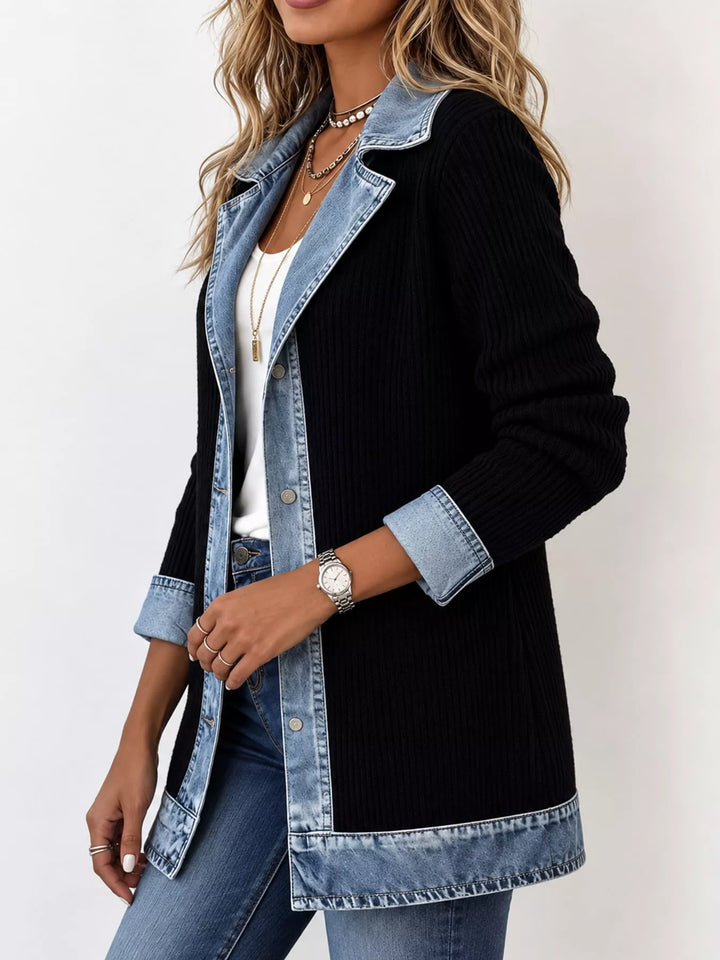 Denim-look lapel ribbed knit in black, styled on model