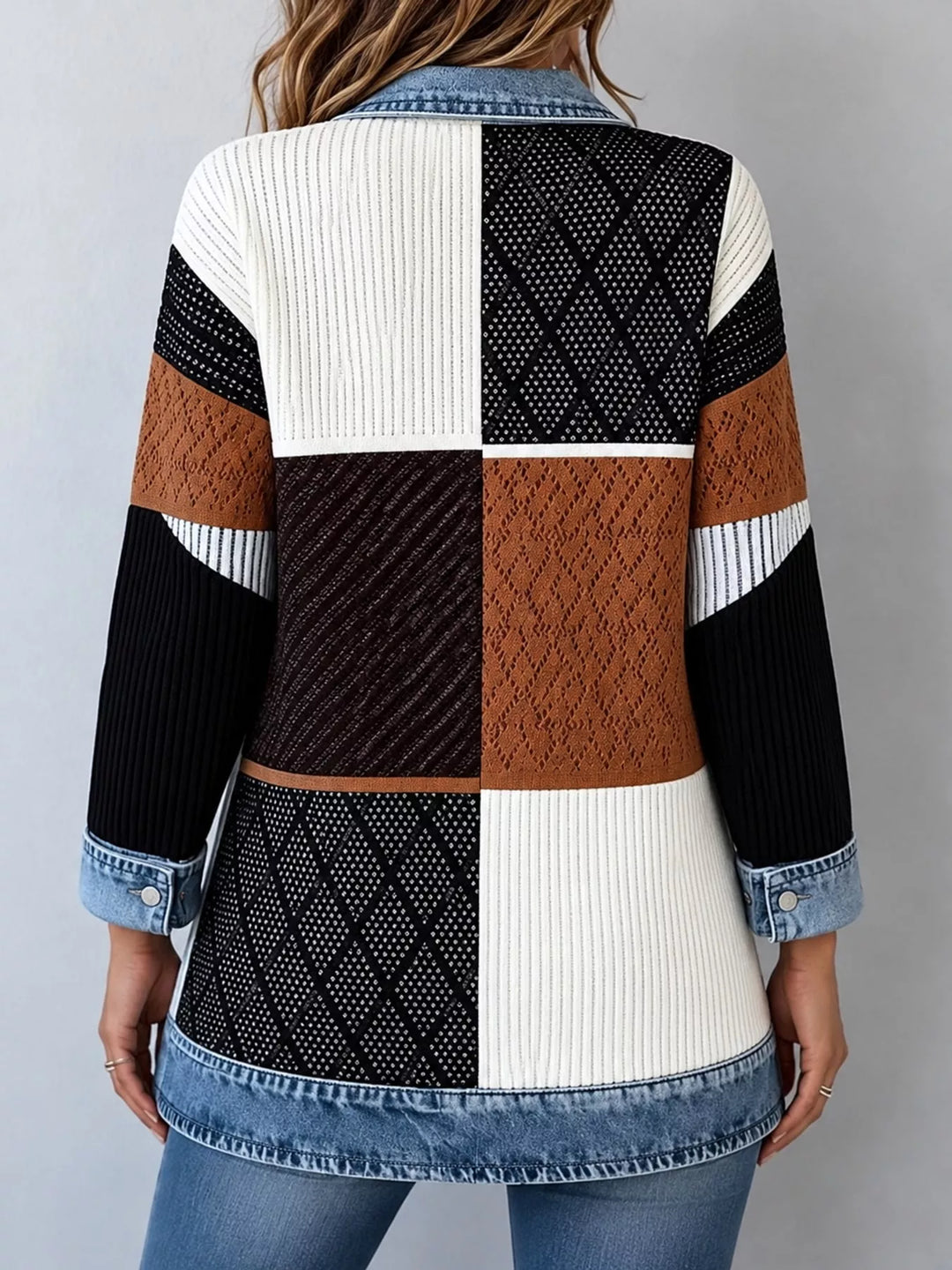 Denim-look lapel ribbed knit in colorblock, back view