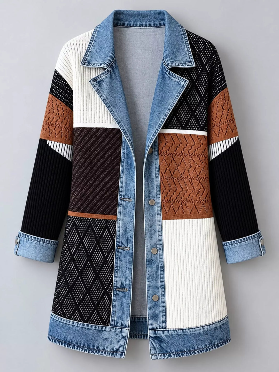 Denim-look lapel ribbed knit in colorblock, flat lay