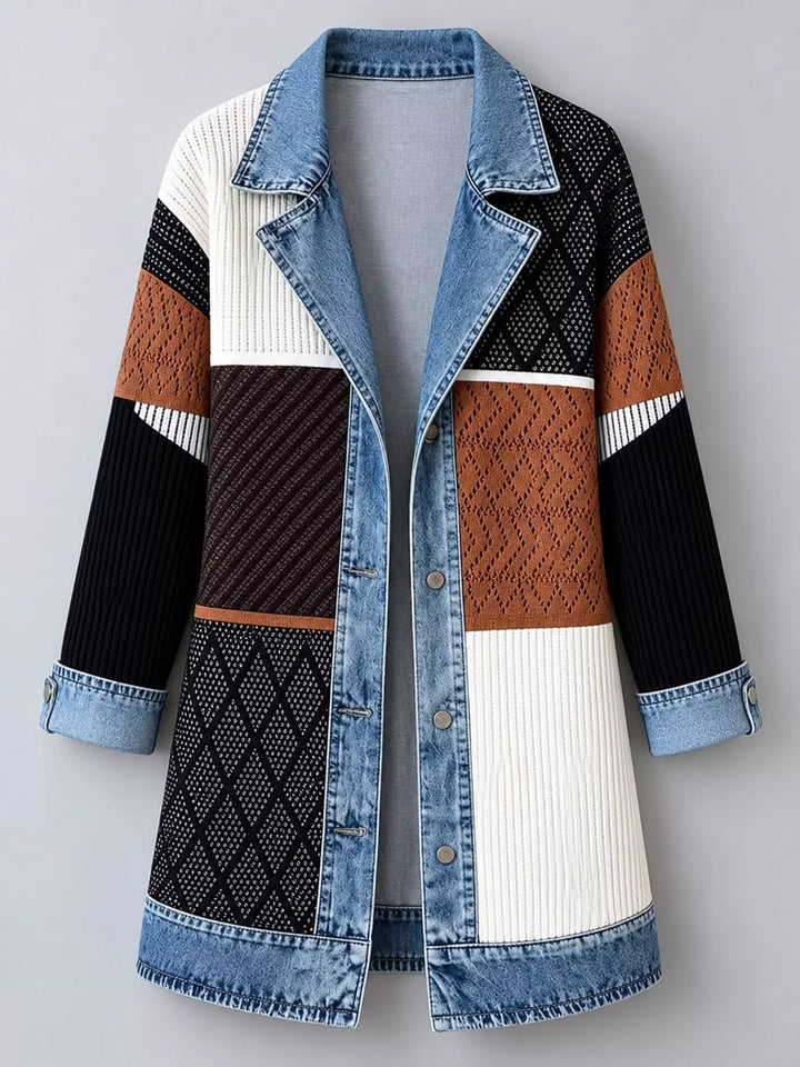 Denim-look lapel ribbed knit in colorblock, flat lay