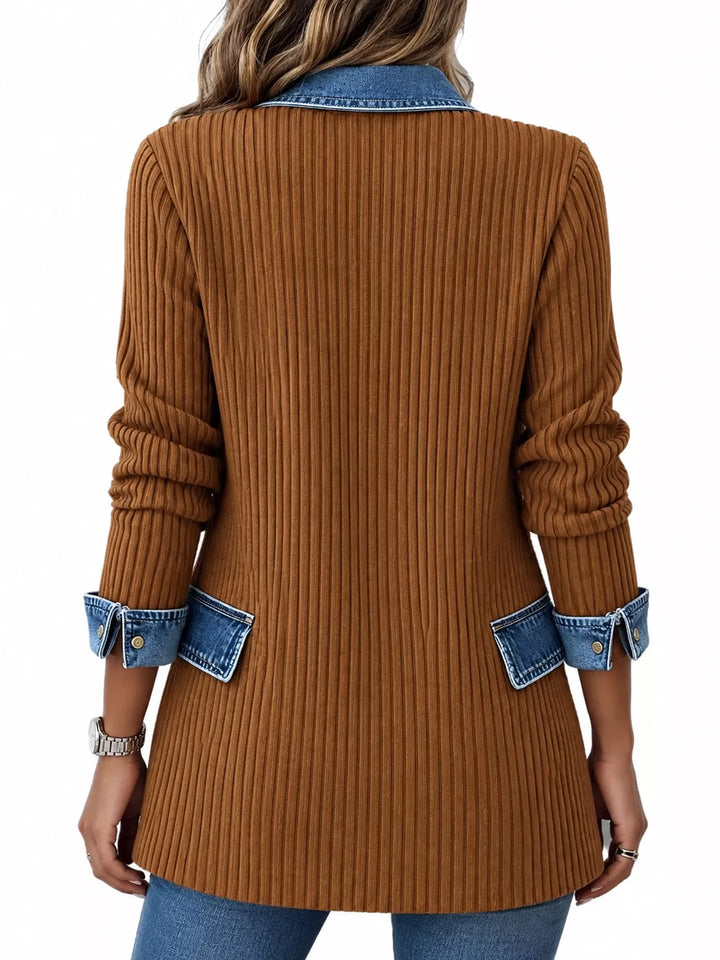 Denim-look lapel ribbed knit in khaki, back view