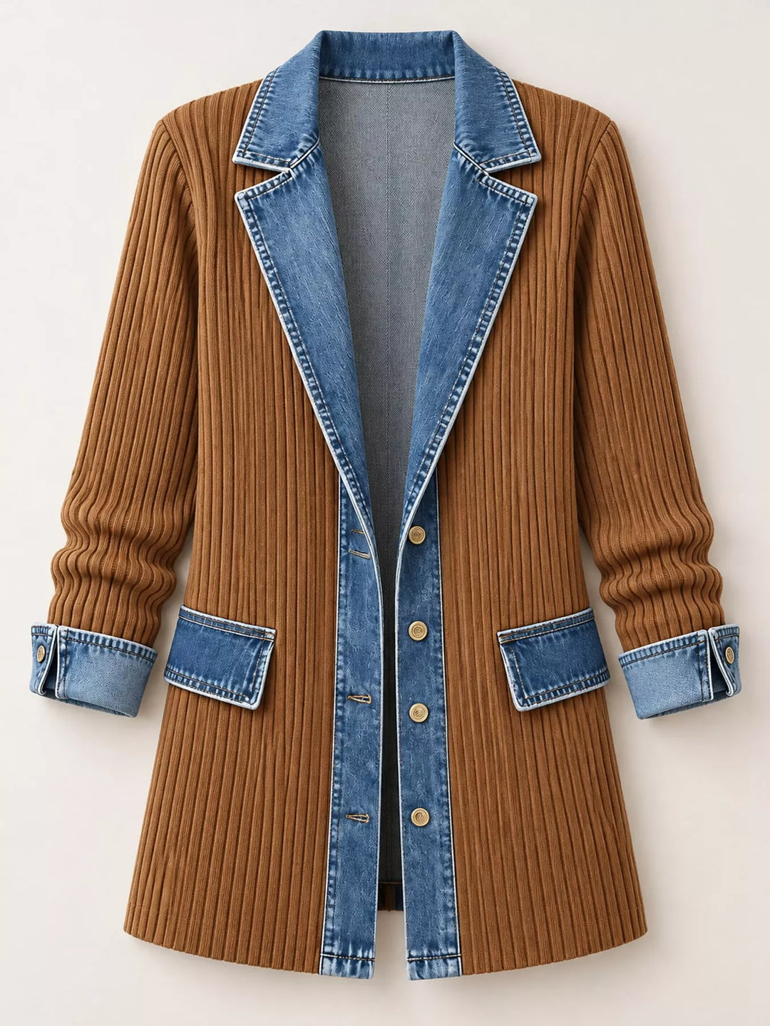 Denim-look lapel ribbed knit in khaki, flat lay