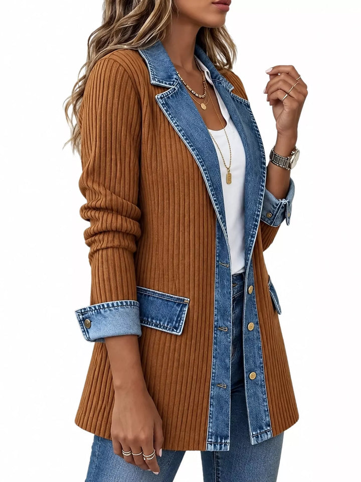 Denim-look lapel ribbed knit in khaki, styled on model 2