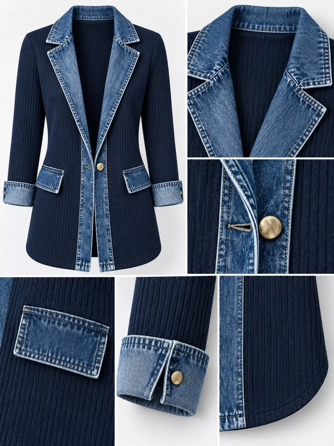 Denim-look lapel ribbed knit in navy, close-up detail