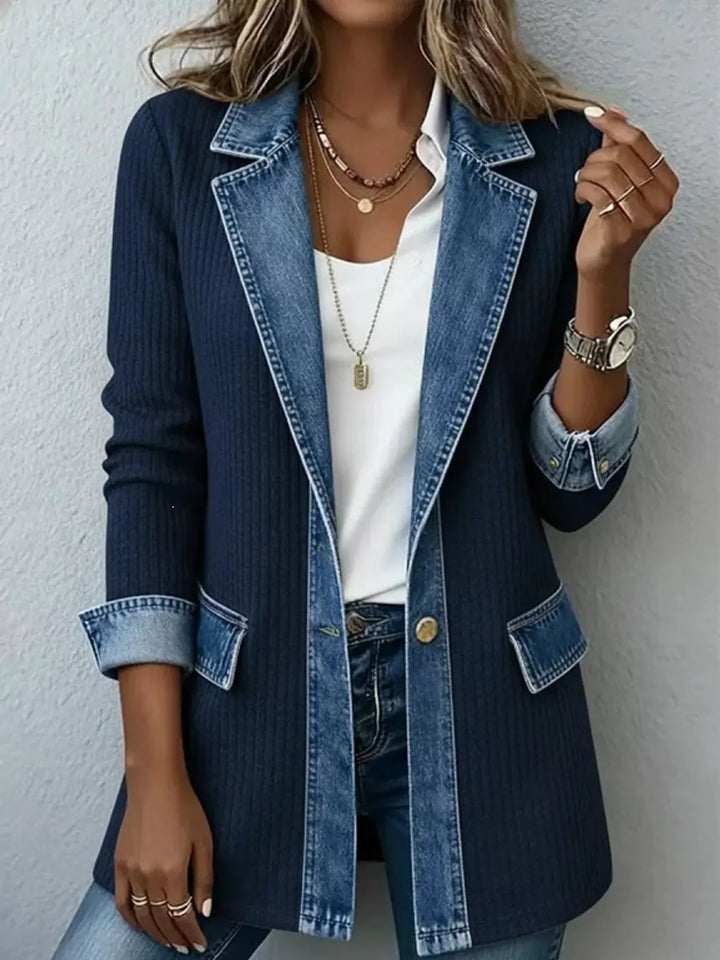 Denim-look lapel ribbed knit in navy, front view