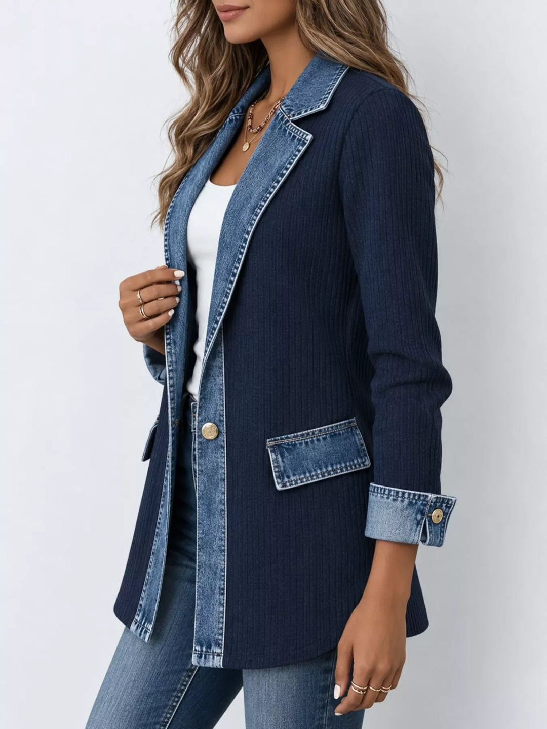 Denim-look lapel ribbed knit in navy, styled on model